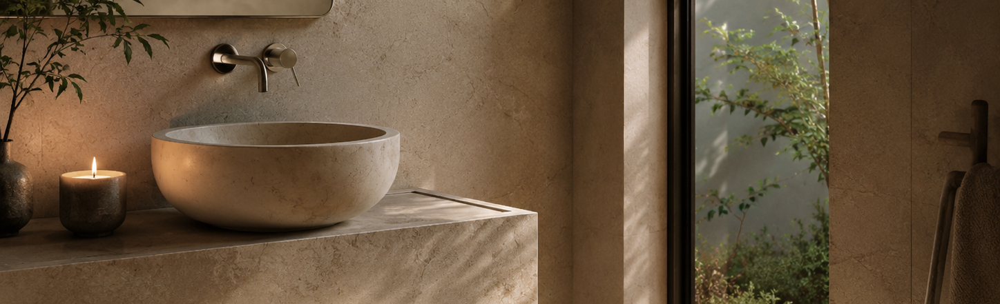 NORLUA calm home ritual mood featuring a warm minimalist stone bathroom, soft natural light, greenery, and a lit candle