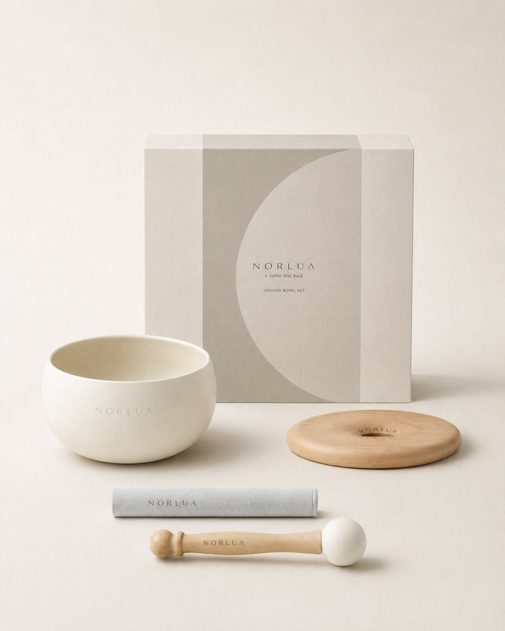 NORLUA brass singing bowl set with gift box, wooden resting base, playing stick, and wooden mallet