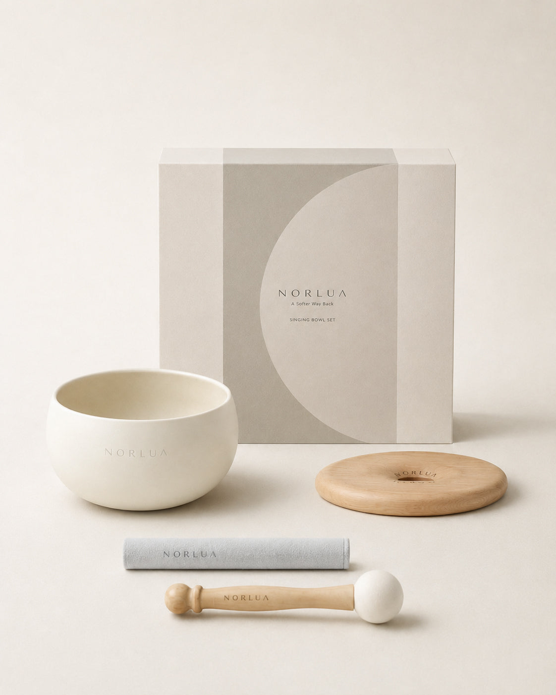 NORLUA brass singing bowl set with gift box, wooden resting base, playing stick, and wooden mallet