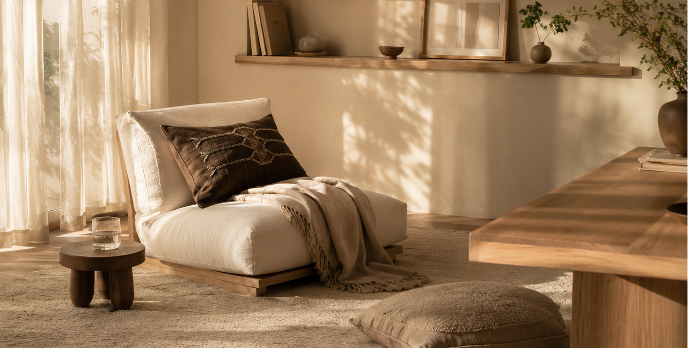 Warm quiet living space with natural wood, soft textiles, and afternoon sunlight