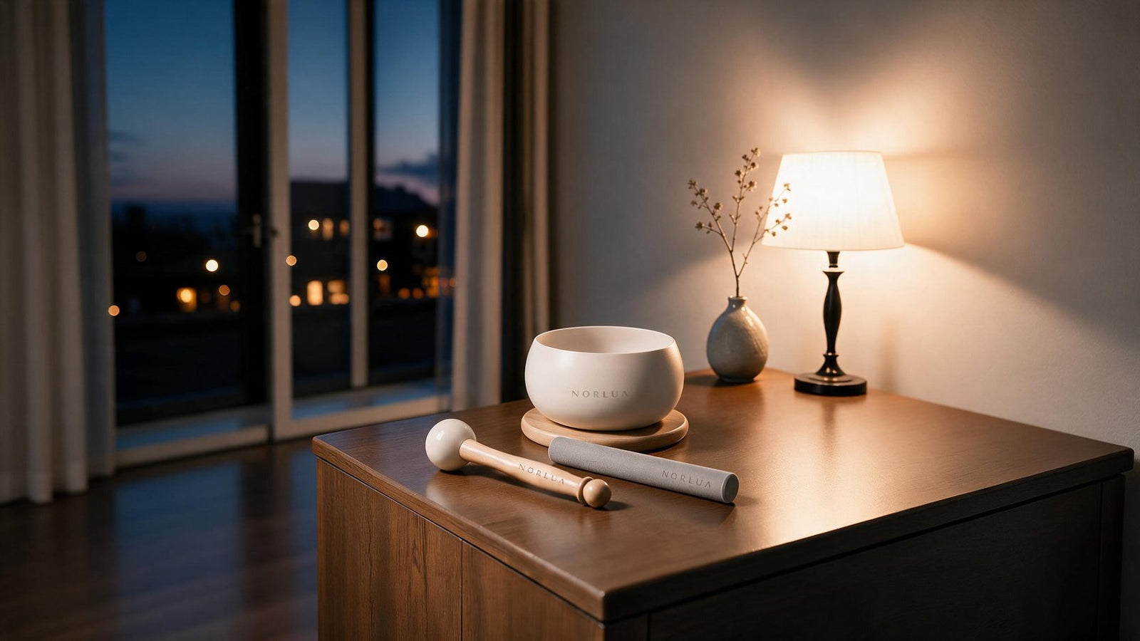 NORLUA Warm Ivory singing bowl set in a softly lit evening home