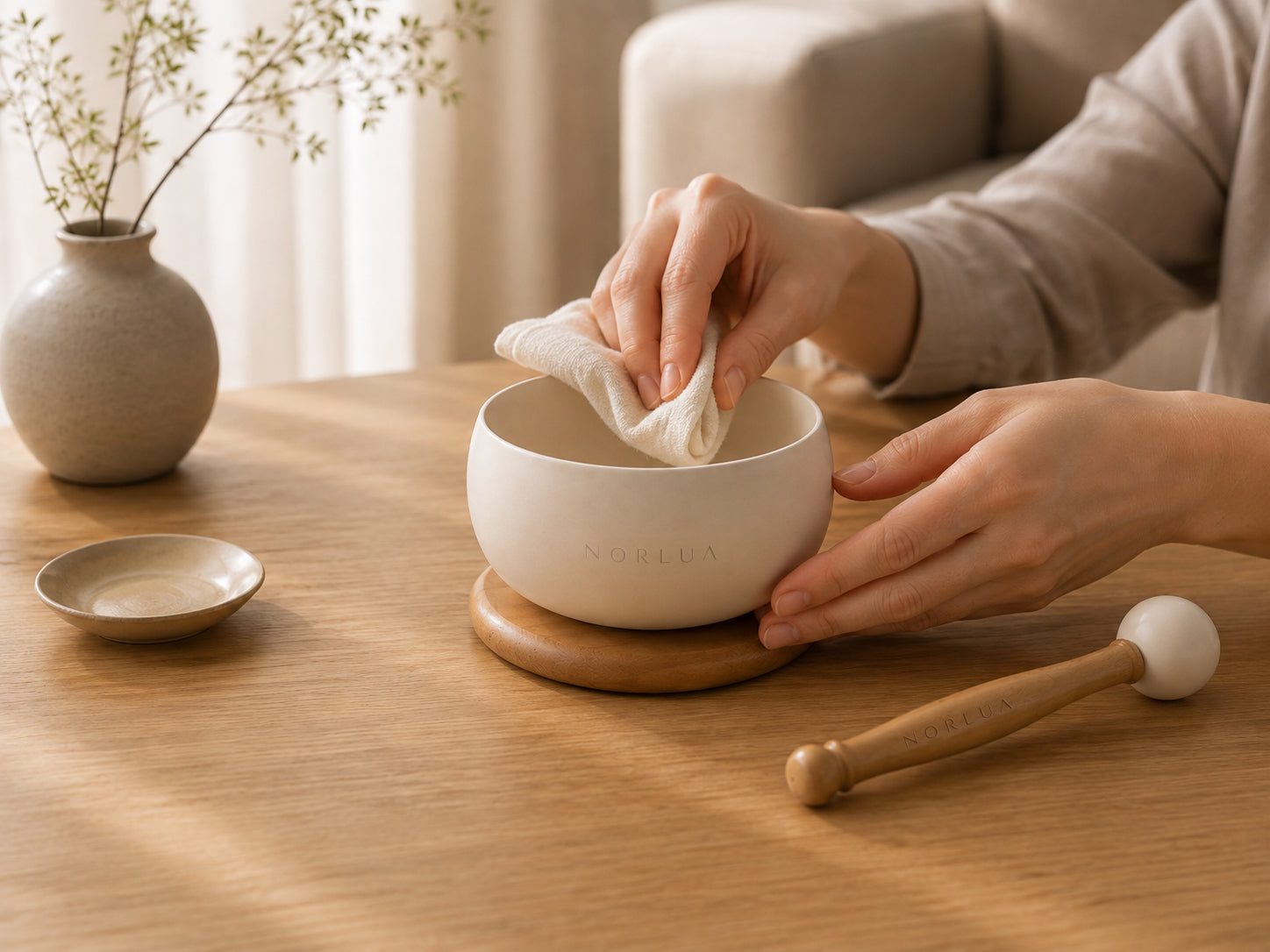 Gently cleaning the finished surface of the NORLUA singing bowl with a soft cloth