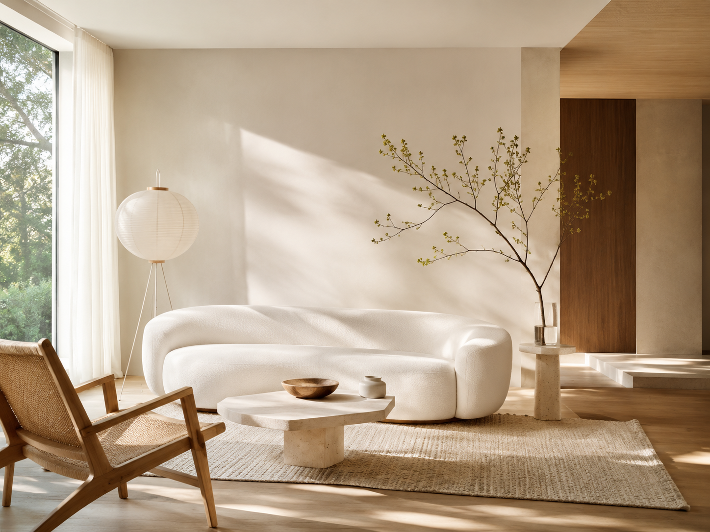 NORLUA singing bowl in a bright minimalist living room with natural wood furniture