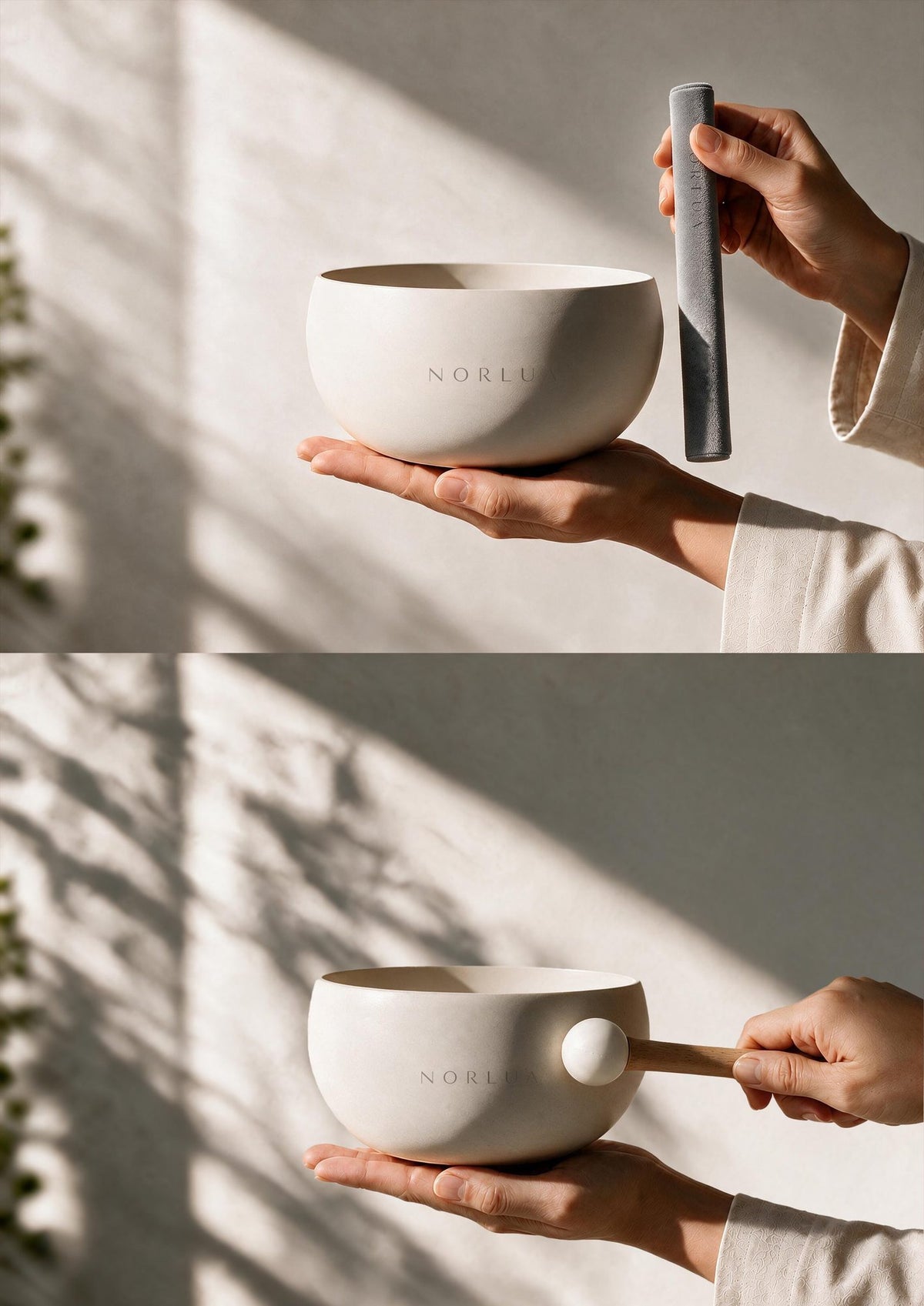 NORLUA singing bowl shown with the playing stick and wooden mallet methods