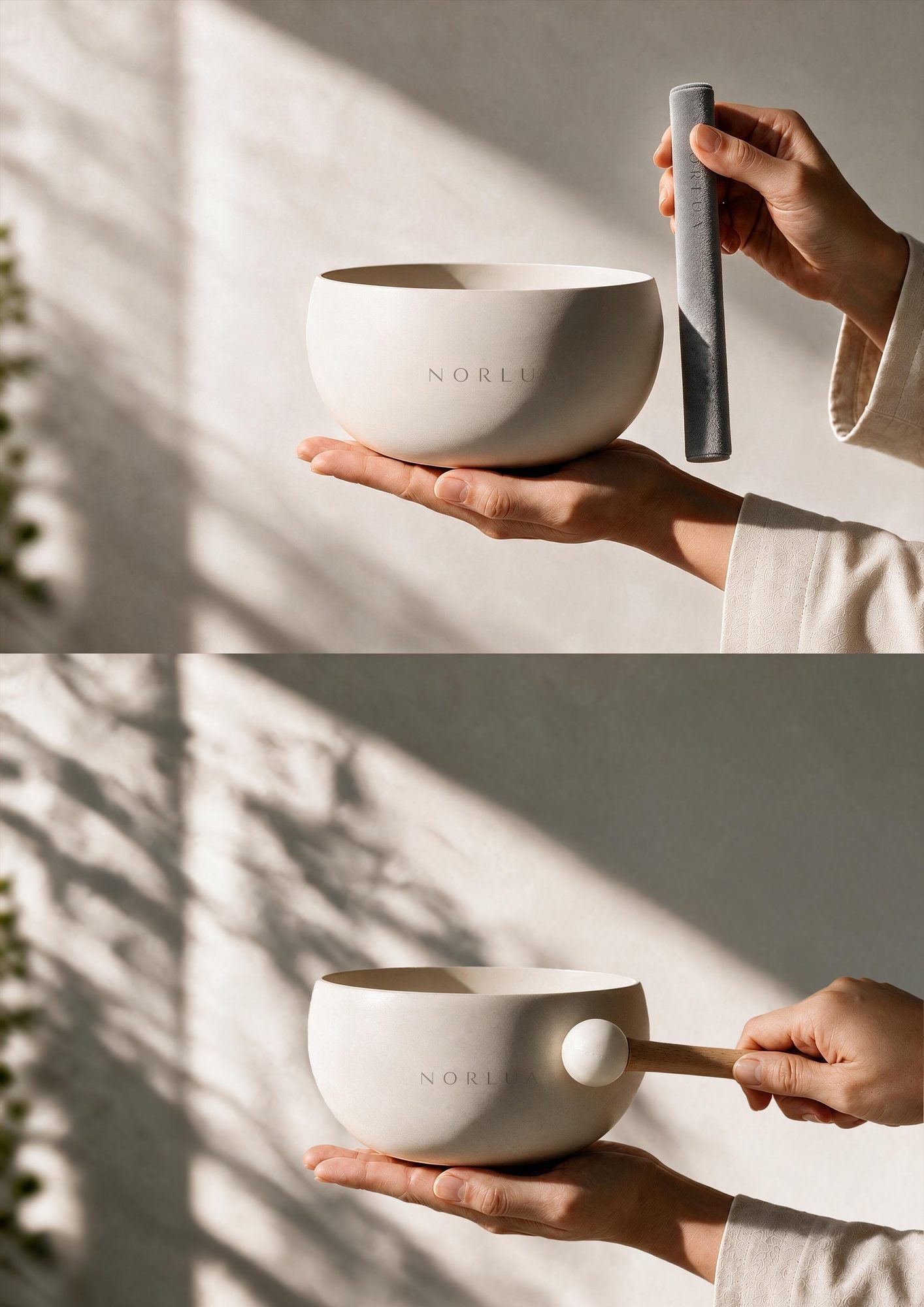 NORLUA singing bowl shown with the playing stick and wooden mallet methods