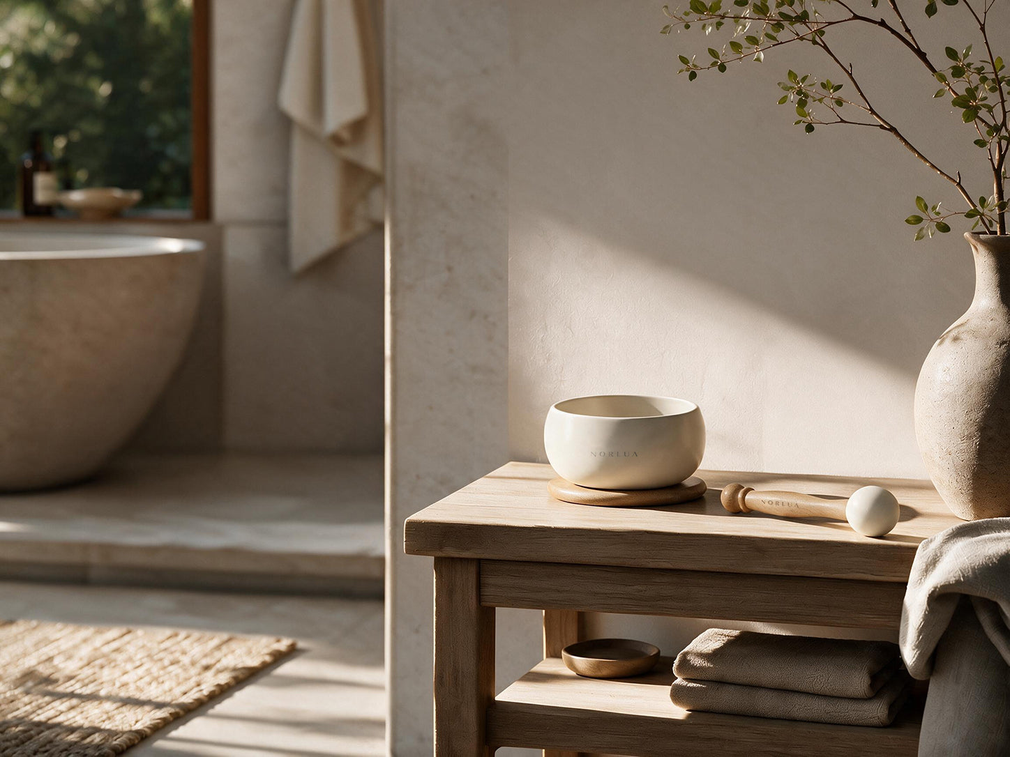 NORLUA singing bowl displayed on a wooden table in a quiet bathroom interior