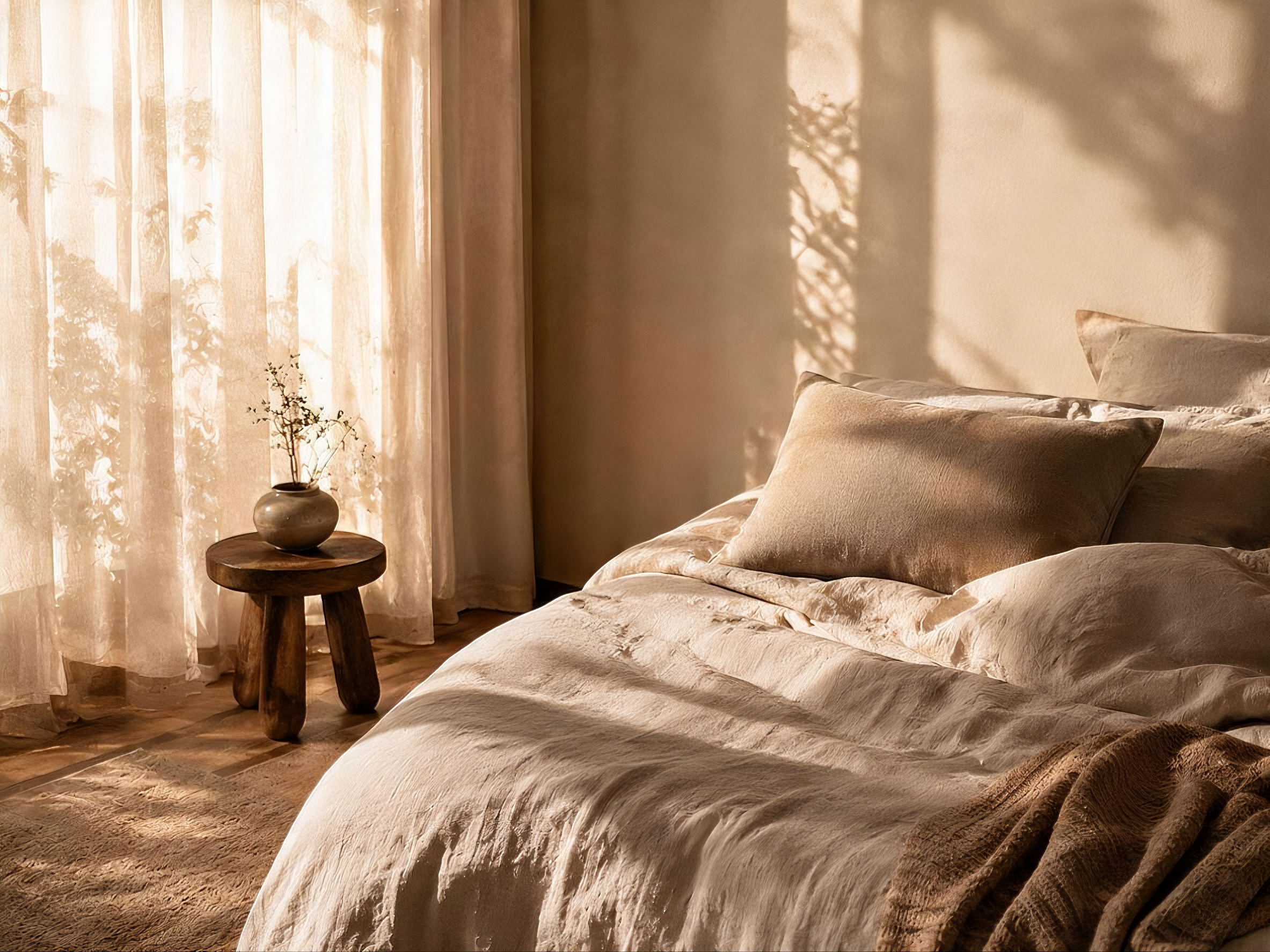 NORLUA singing bowl beside a bed in a softly lit neutral bedroom