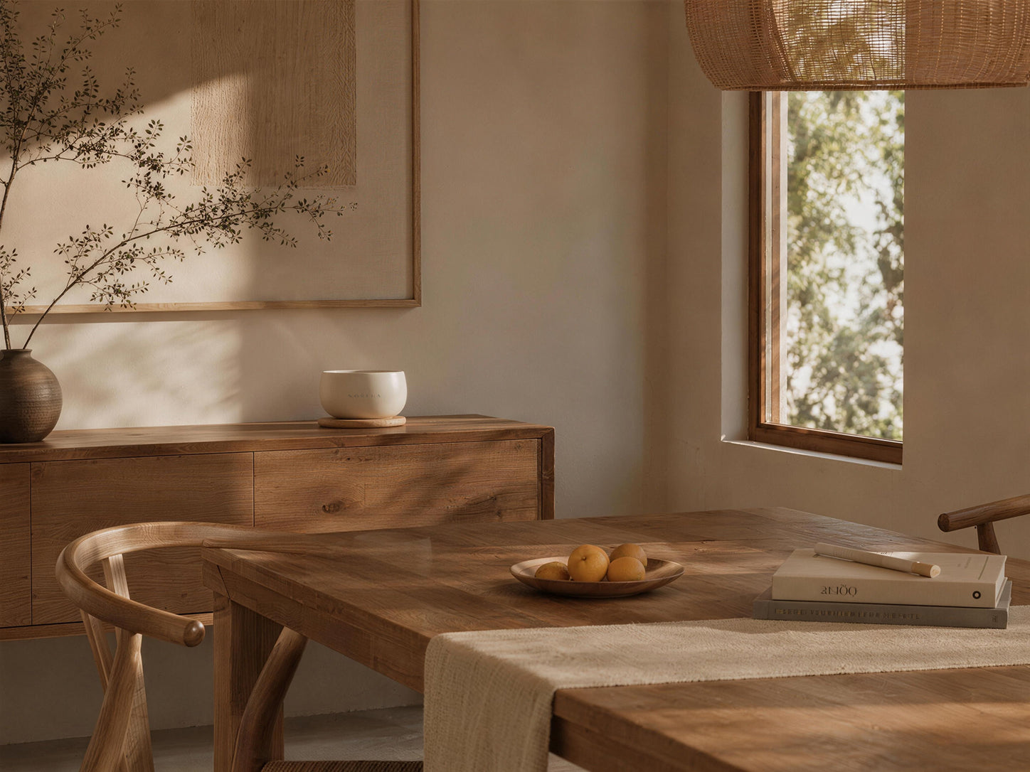 NORLUA singing bowl displayed in a warm dining room with natural wood furniture