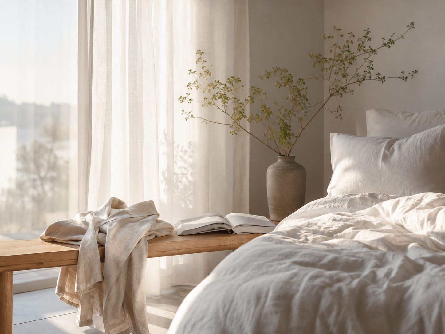 Warm neutral bedroom with linen bedding and soft natural light