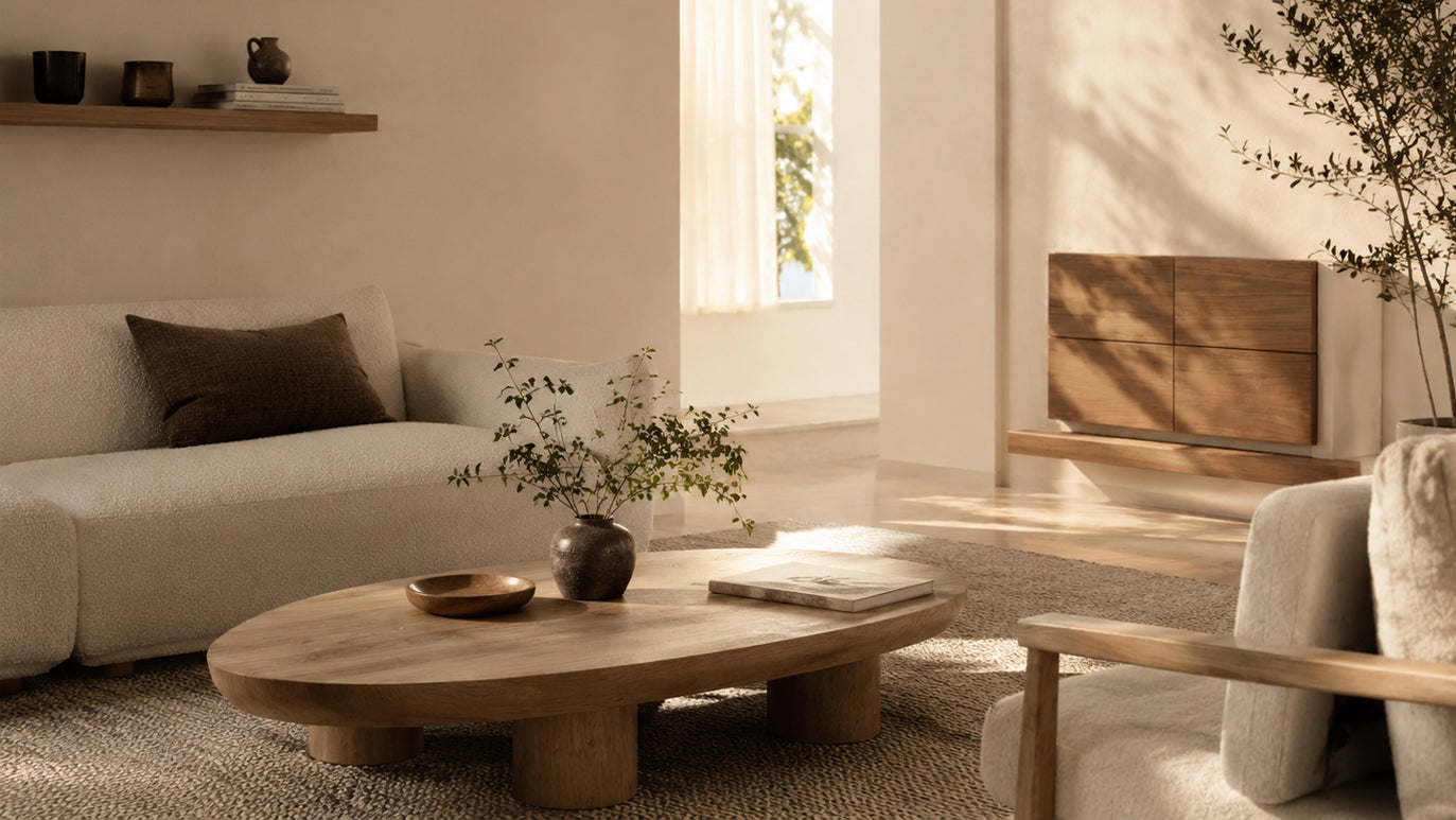 Warm minimalist living room with natural wood furniture and soft afternoon light