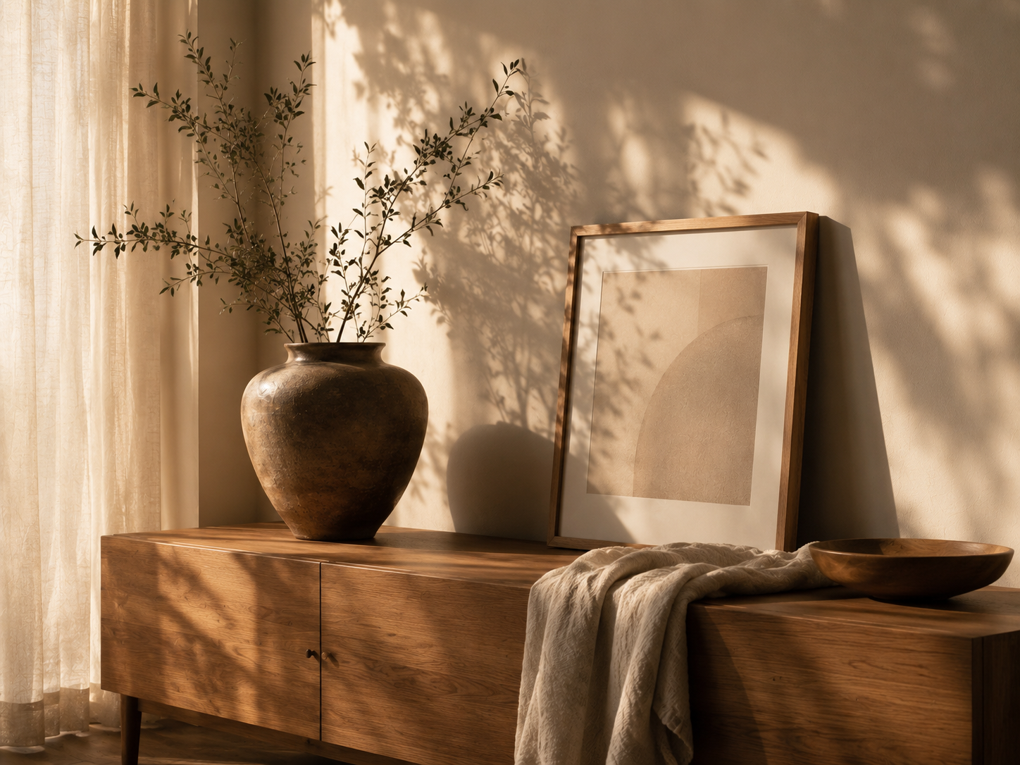 Warm minimalist sideboard with ceramic vases, framed art, and soft sunlight